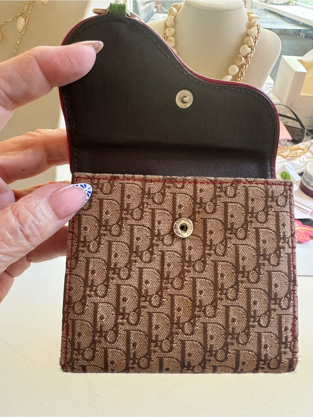 Dior Brown Monogram Canvas Tri fold Wallet with Red Trim and Green-Yellow Accent - Picture 3 of 13
